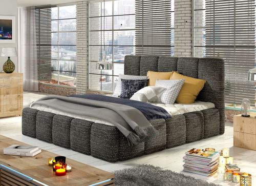 Lit coffre 160x200 cm capitonné tissu noir chiné Vika - Photo n°2; ?>