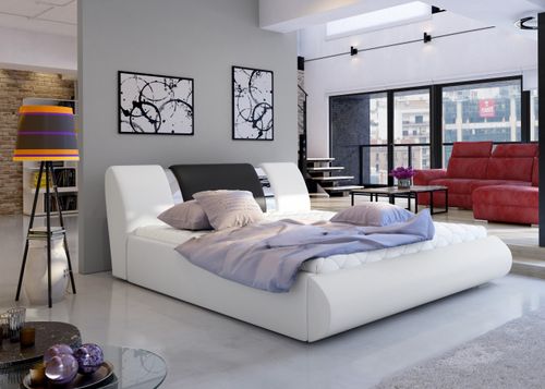 Lit coffre 180x200 cm simili blanc/noir et métal chromé Flavien - Photo n°2; ?>