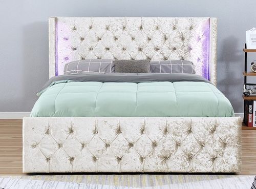 Lit coffre à led capitonné chesterfield velours beige - 3 tailles - Photo n°3; ?>