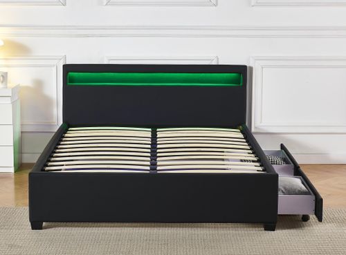 Lit coffre à LED et 2 tiroirs 140x190 cm simili cuir noir Olaro - Photo n°2; ?>