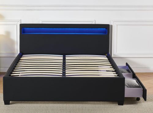 Lit coffre à LED et 2 tiroirs 140x190 cm simili cuir noir Olaro - Photo n°3; ?>