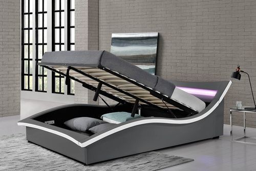 Lit coffre à Led simili cuir gris liseré blanc Vogue 180x200 cm - Photo n°2; ?>