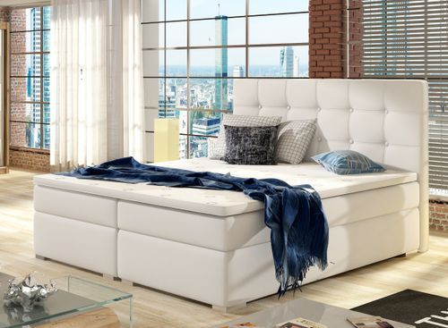 Lit coffre boxspring simili cuir blanc avec matelas et surmatelas Kavin - Photo n°2; ?>
