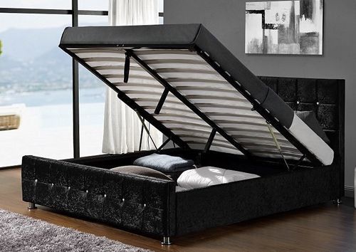 Lit coffre capitonné Velours Noir 140 Kim + Matelas mémoire 24 cm - Photo n°2; ?>