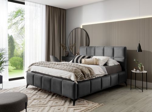 Lit coffre moderne 140x200 cm capitonné tissu doux gris foncé Mister - Photo n°2; ?>