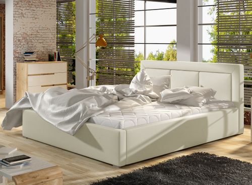 Lit coffre simili cuir beige clair grand carré capitonné Berlino - Photo n°2; ?>