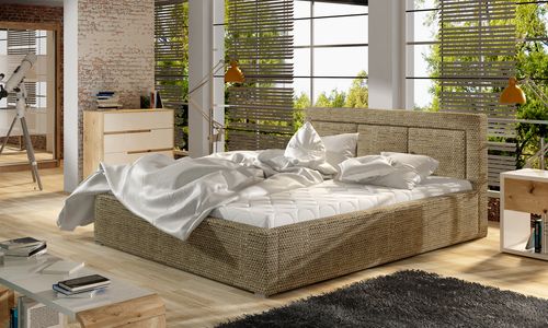 Lit coffre tissu beige chiné grand carré capitonné Berlino - Photo n°2; ?>