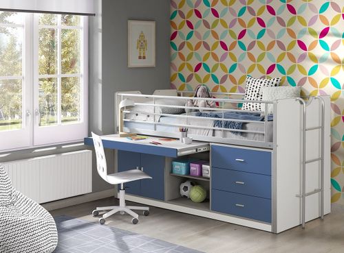 Lit combiné 90x200 cm avec sommier 1 bureau 3 tiroirs bois blanc et bleu Bonny - Photo n°3; ?>