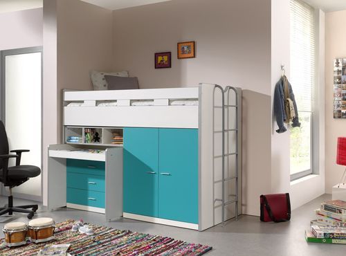 Lit combiné 90x200 cm avec sommier 3 tiroirs 2 portes bois blanc et turquoise Bonny - Photo n°2; ?>