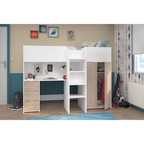 Lit combiné mezzanine enfant - Décor blanc et chene - Sommier inclus - 90x200 cm - TOM - Photo n°2; ?>