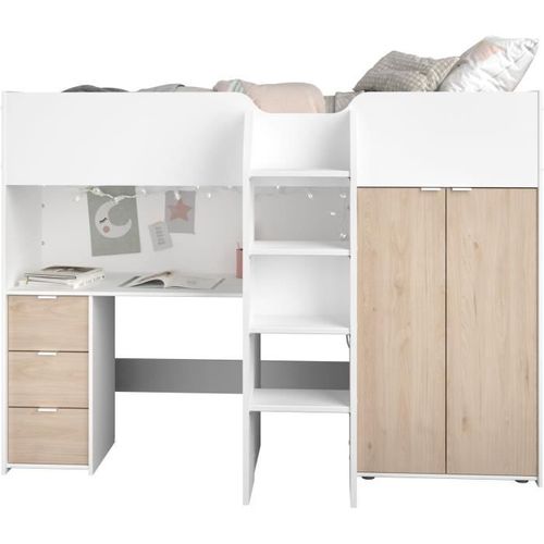 Lit combiné mezzanine enfant - Décor blanc et chene - Sommier inclus - 90x200 cm - TOM - Photo n°3; ?>