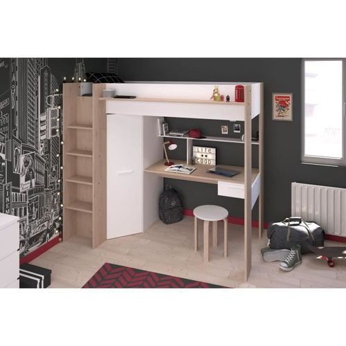 Lit combiné mezzanine enfant - Décor chêne et blanc - Sommier inclus - 90 x 200 cm - Photo n°3; ?>