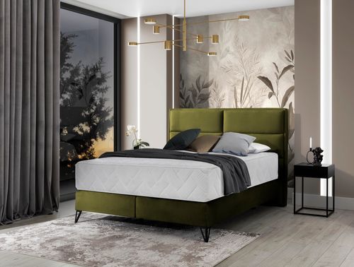 Lit continental tissu vert olive Tiempo avec matelas 30 cm en latex et pied métal noir - Photo n°2; ?>