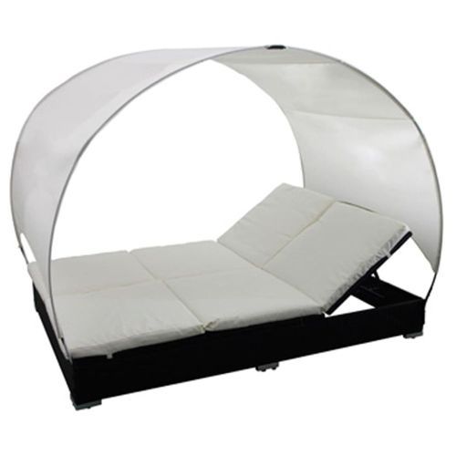 Lit de jardin double résine tressée noir avec parasol - Photo n°3; ?>