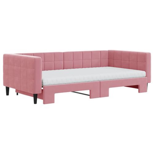 Lit de jour avec lit gigogne et matelas rose 100x200 cm velours - Photo n°3; ?>