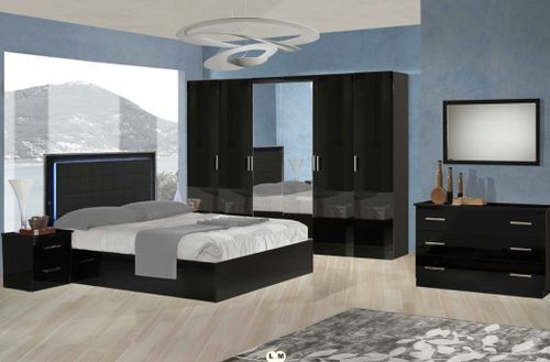 Lit design avec coffre bois noir laqué et tête de lit capitonnée simili cuir noir avec Led Turin - Photo n°3; ?>