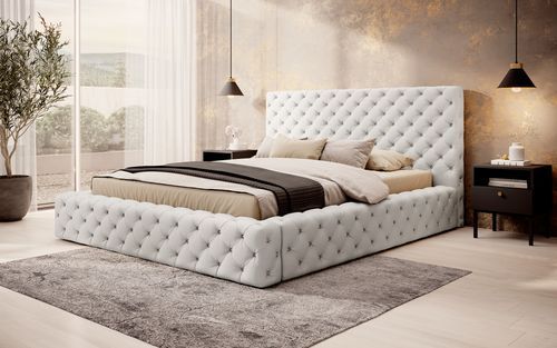 Lit design avec tête de lit et coffre capitonné simili cuir blanc Prince - 3 tailles - Photo n°3; ?>