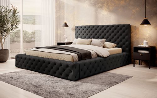 Lit design avec tête de lit et coffre capitonné simili cuir noir Prince - 3 tailles - Photo n°3; ?>