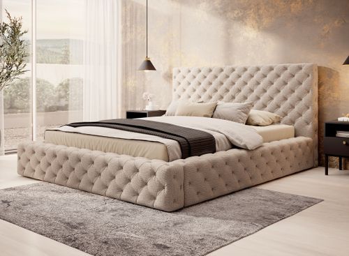 Lit design avec tête de lit et coffre capitonné velours beige foncé Prince - 3 tailles - Photo n°2; ?>