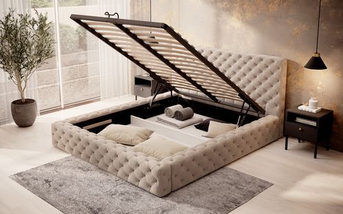 Lit design avec tête de lit et coffre capitonné velours beige foncé Prince - 3 tailles - Photo n°3; ?>