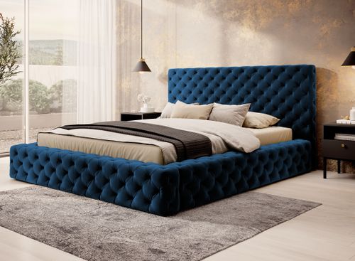 Lit design avec tête de lit et coffre capitonné velours bleu Prince - 3 tailles - Photo n°2; ?>