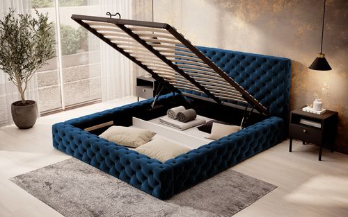 Lit design avec tête de lit et coffre capitonné velours bleu Prince - 3 tailles - Photo n°3; ?>