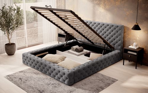 Lit design avec tête de lit et coffre capitonné velours gris foncé Prince - 3 tailles - Photo n°3; ?>