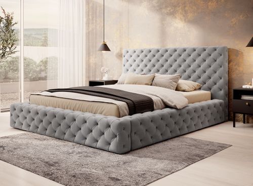 Lit design avec tête de lit et coffre capitonné velours gris Prince - 3 tailles - Photo n°2; ?>
