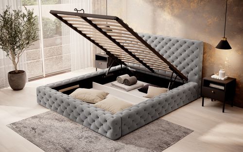Lit design avec tête de lit et coffre capitonné velours gris Prince - 3 tailles - Photo n°3; ?>