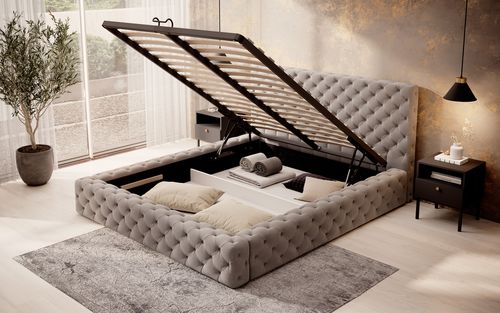Lit design avec tête de lit et coffre capitonné velours marron Prince - 3 tailles - Photo n°3; ?>