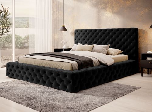 Lit design avec tête de lit et coffre capitonné velours noir Prince - 3 tailles - Photo n°2; ?>