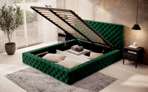 Lit design avec tête de lit et coffre capitonné velours vert Prince - 3 tailles - Photo n°3; ?>