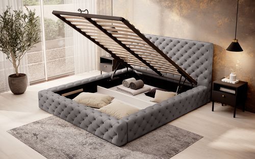 Lit design avec tête de lit et coffre de rangement capitonné simili cuir gris Prince - Photo n°3; ?>