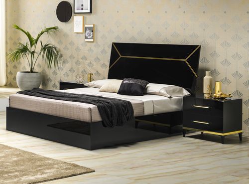 Lit design bois noir laqué et tête de lit noire laquée et dorée Diamanto - Photo n°2; ?>