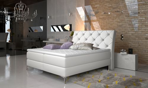 Lit design continental avec tête de lit capitonnée strass simili cuir blanc Banky - Photo n°2; ?>