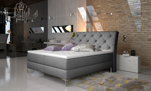 Lit design continental avec tête de lit capitonnée strass tissu gris Banky - Photo n°2; ?>