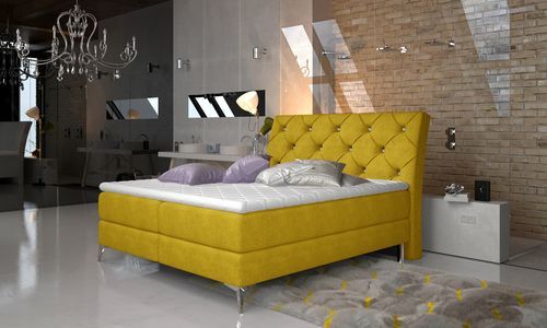 Lit design continental avec tête de lit capitonnée strass tissu jaune Banky - Photo n°2; ?>