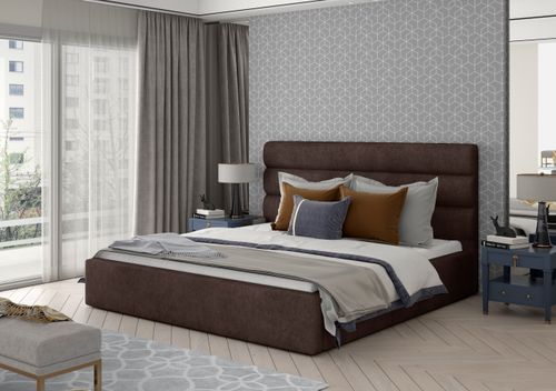 Lit design tissu doux marron avec coffre de rangement Klarina - Photo n°2; ?>