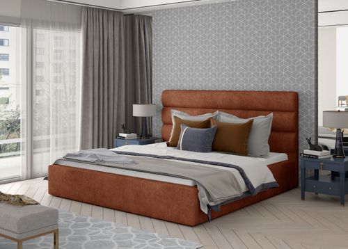 Lit design tissu rouge brique avec coffre de rangement Klarina - Photo n°2; ?>