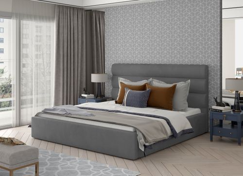 Lit design velours gris avec coffre de rangement Klarina - Photo n°2; ?>