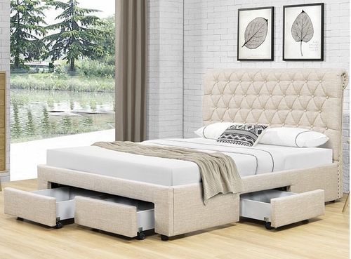 Lit double 4 tiroirs avec tête de lit capitonnée beige Mysk 160x200 cm - Photo n°2; ?>
