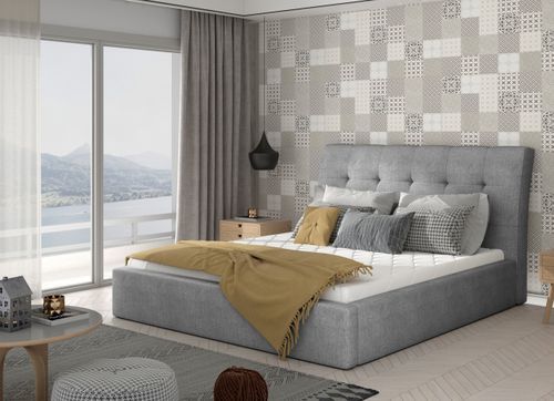 Lit double capitonné tissu doux gris Klein - Photo n°2; ?>