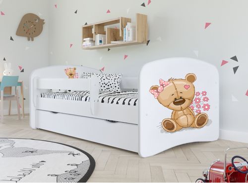 Lit enfant blanc ourson et fleurs avec sommiers et barrière de sécurité amovible Drimy - Photo n°3; ?>