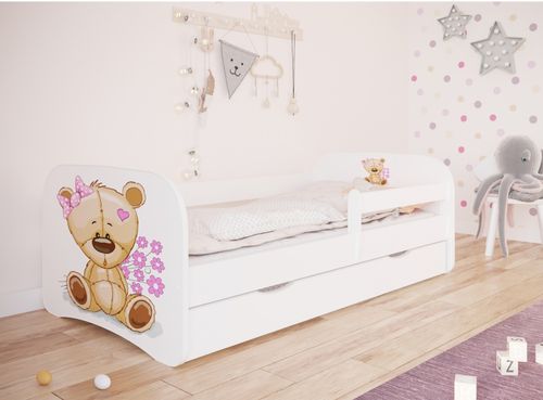 Lit enfant blanc ourson et fleurs avec sommiers et barrière de sécurité amovible Drimy - Photo n°2; ?>
