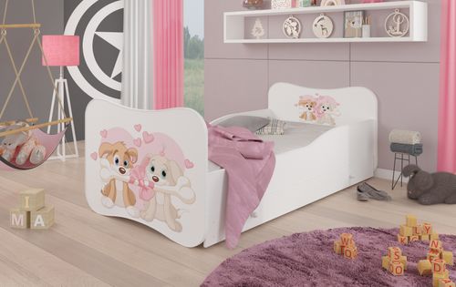 Lit enfant bois blanc à tiroirs avec imprimé chiens amoureux 70x140 ou 80x160 cm - Sommier et matelas inclus - Ondula - Photo n°2; ?>