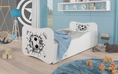 Lit enfant bois blanc à tiroirs avec imprimé ballon de football 70x140 ou 80x160 cm - Sommier et matelas inclus - Ondula - Photo n°2; ?>