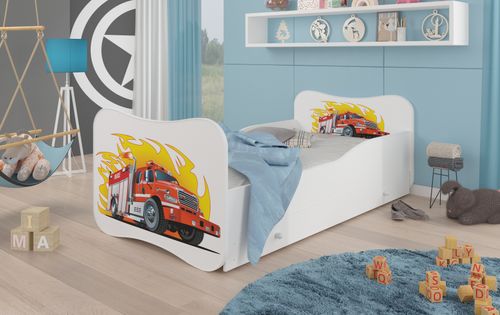 Lit enfant bois blanc à tiroirs avec imprimé camion de pompier 70x140 ou 80x160 cm - Sommier et matelas inclus - Ondula - Photo n°2; ?>