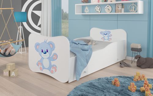Lit enfant bois blanc à tiroirs avec imprimé ourson bleu 70x140 ou 80x160 cm - Sommier et matelas inclus - Ondula - Photo n°2; ?>