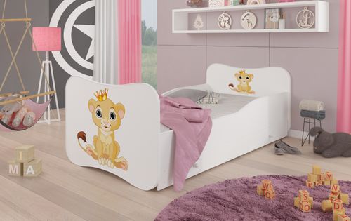 Lit enfant bois blanc à tiroirs avec imprimé petit roi lion 70x140 ou 80x160 cm - Sommier et matelas inclus - Ondula - Photo n°2; ?>
