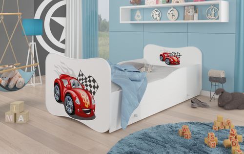 Lit enfant bois blanc à tiroirs avec imprimé voiture Cars 70x140 ou 80x160 cm - Sommier et matelas inclus - Ondula - Photo n°2; ?>